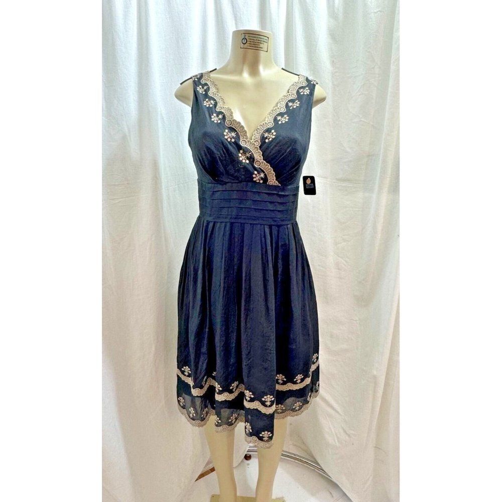 Ann Taylor  Silk Mix Sleeveless V Neck Pleated Embroidered Dress Size 4P #1251